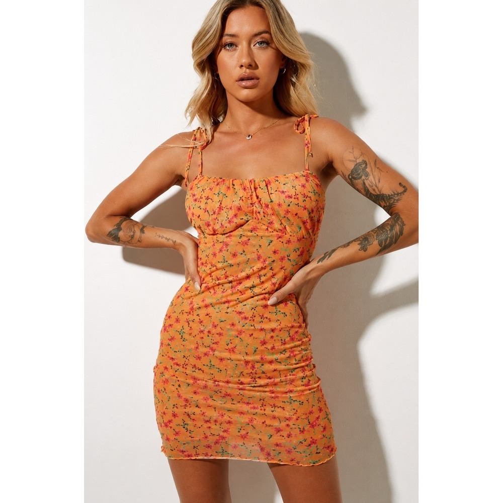 Motel Rocks Women's Coti Bodycon Floral Mini Dress Summer Bloom Orange S Y2K